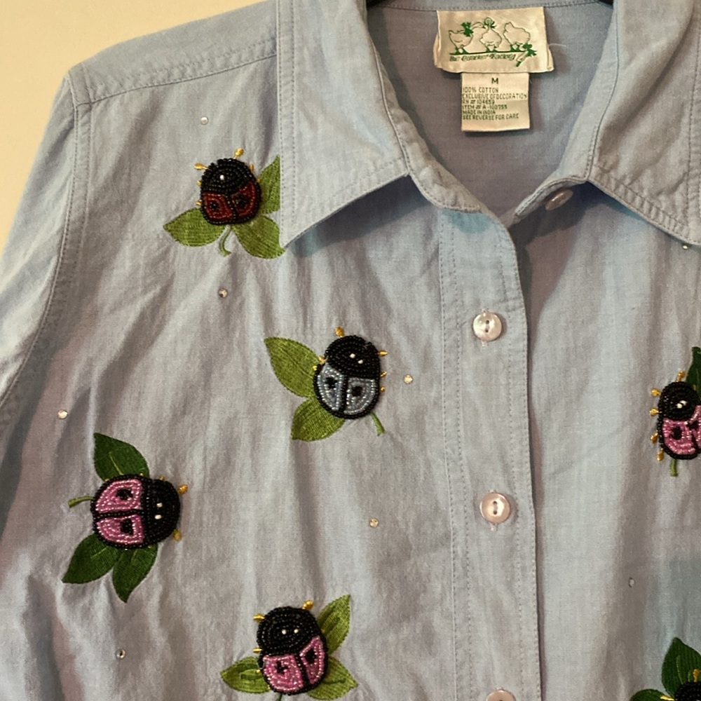 Quacker Factory Blue Button Down Shirt with Ladybug Embroidery